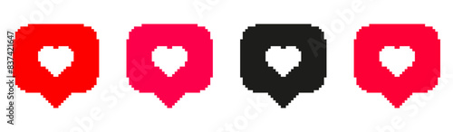 Like and love icon button. Pixel heart flat icon in modern pixel speech bubble shapes , Social media notification icons. emoji post reactions set. pixel art style, Vector illustration