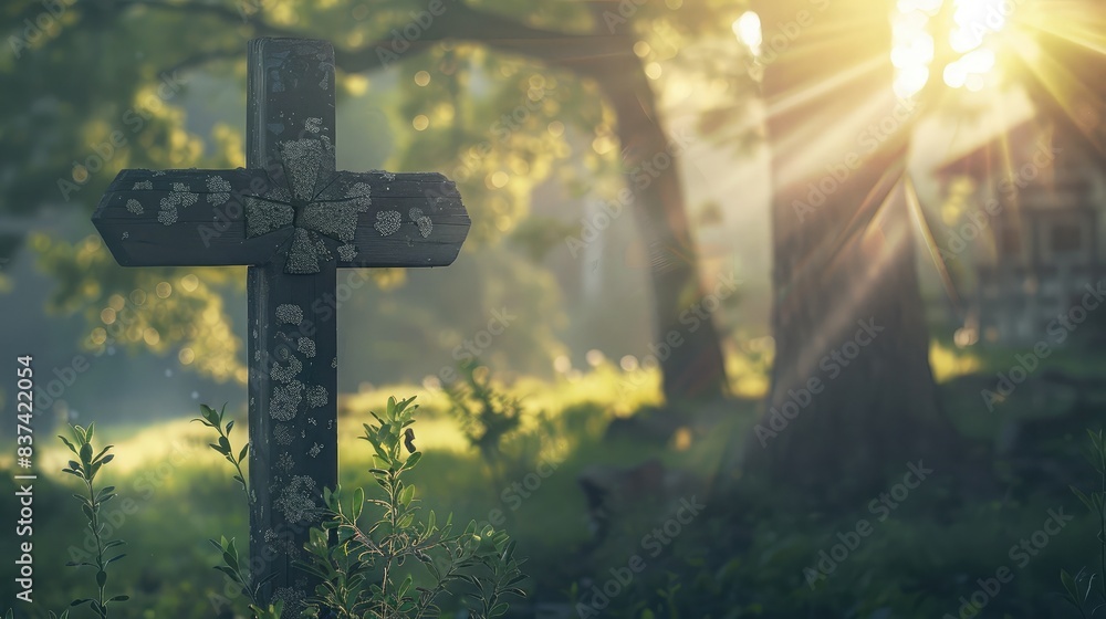 Sunlight streaming through a wooden cross, illuminating a serene landscape Sunlight streaming through a wooden cross, illuminating a serene landscape
