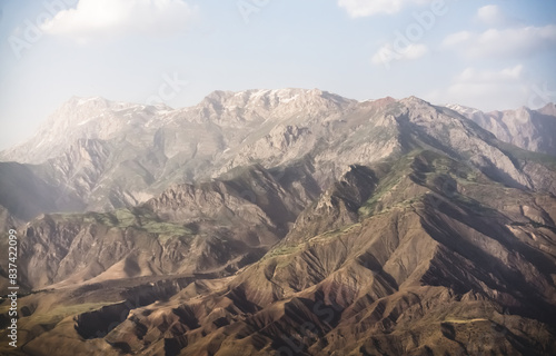 Mountain landscape in the mountains in the evening at sunset for background in the mountains of Tajikistan  the texture of hills and high mountains minimalist in the evening