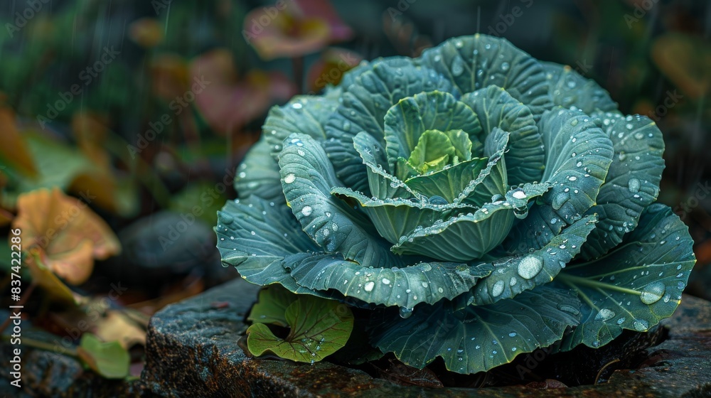 Fototapeta premium Cabbage Plant with Dew Drops. Close-up of a cabbage plant with fresh dew drops, highlighting the vibrant green leaves and natural beauty.