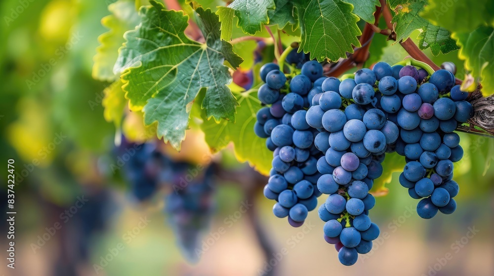 Vibrant image of a cluster of plump Shiraz grapes hanging elegantly from the vine Vibrant image of a cluster of plump Shiraz grapes hanging elegantly from the vine