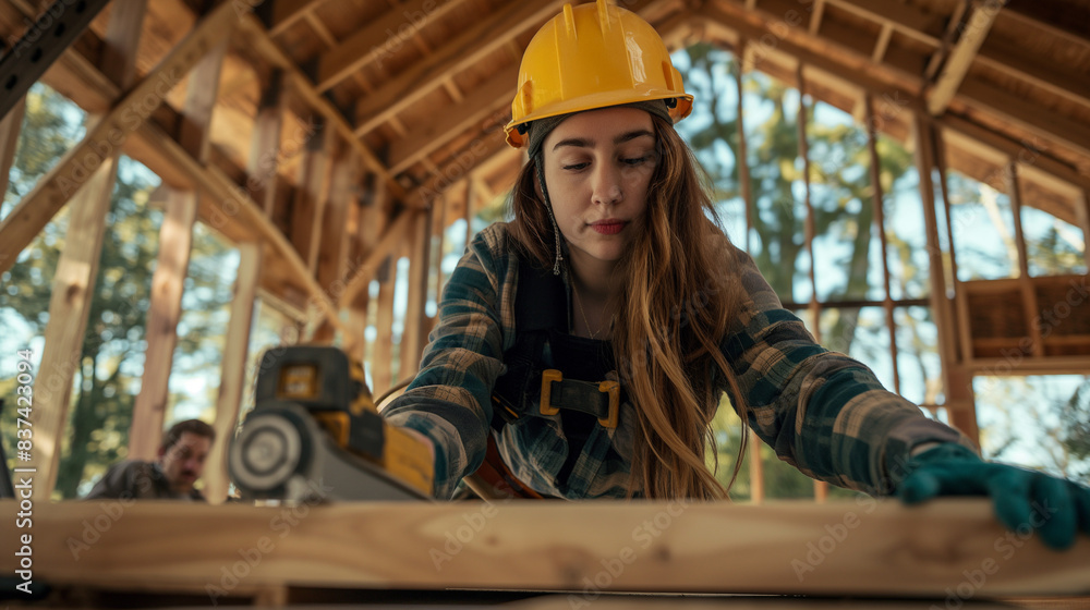 Woman using a belt sander on wood at a construction site. Woman using a belt sander on wood at a construction site.