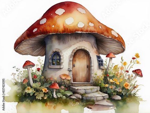Flower fairy and mushroom house painted in watercolor
