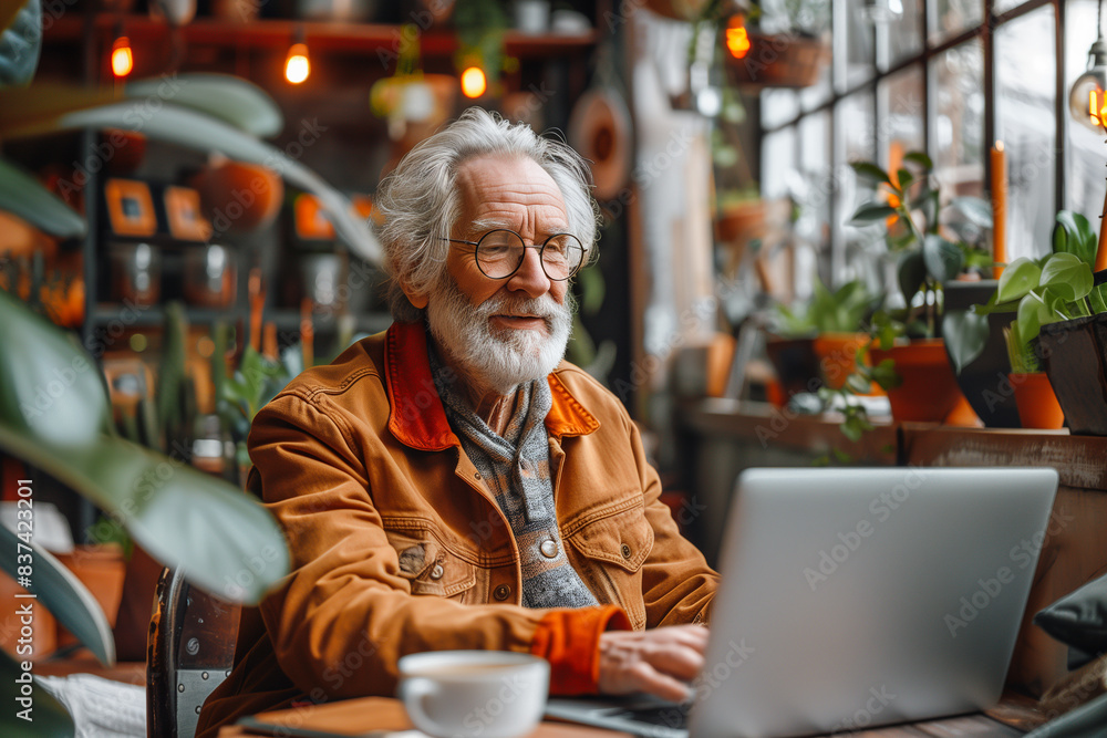 Elderly man working on a laptop in a cozy indoor garden with plants Elderly man working on a laptop in a cozy indoor garden with plants