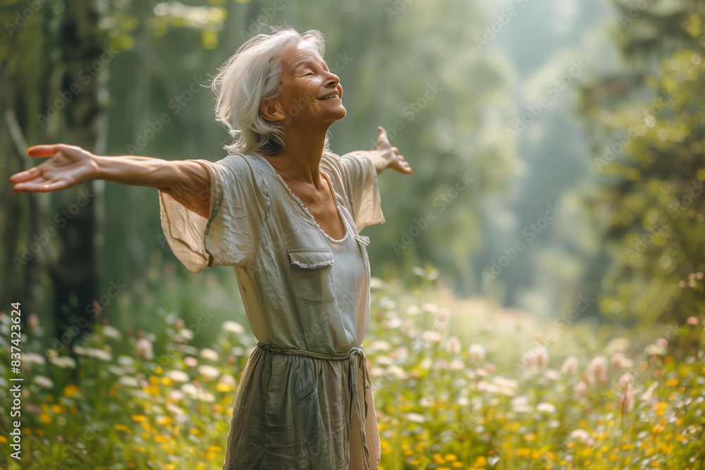Serene senior woman enjoying nature with arms outstretched in a sunlit forest Serene senior woman enjoying nature with arms outstretched in a sunlit forest
