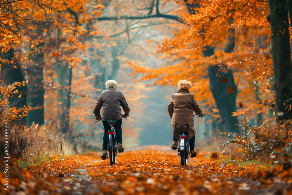 Two elderly people riding bicycles through a scenic autumn forest Two elderly people riding bicycles through a scenic autumn forest