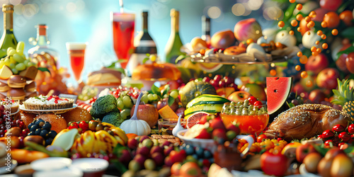 Intoxicated Indulgence: A sumptuous feast, overflowing with food and drink, beckoning the consumer