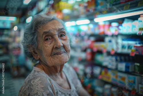 Elderly woman in a grocery store, looking at the camera © Irina