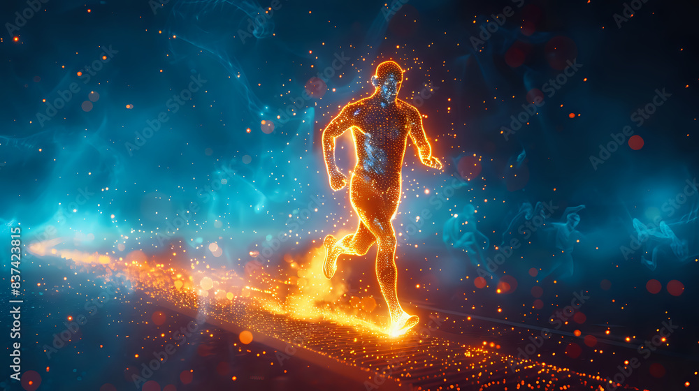 Dynamic illustration of a glowing runner with fiery trails, set against a futuristic backdrop. Ideal for fitness campaigns, technology ads, and sports-related designs. Dynamic illustration of a glowing runner with fiery trails, set against a futuristic backdrop. Ideal for fitness campaigns, technology ads, and sports-related designs.