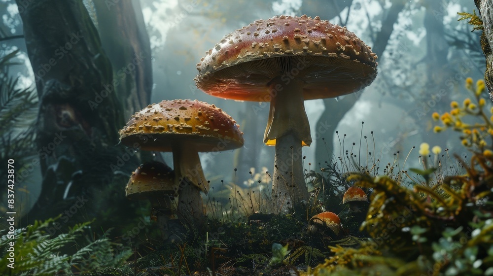 Fototapeta premium Magic fairytale big mushrooms in mist forest illustration wallpaper background