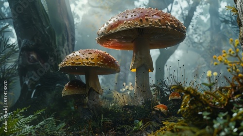 Magic fairytale big mushrooms in mist forest illustration wallpaper background