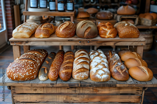 Assorted freshly baked bread loaves displayed on rustic wooden shelves in a bakery. Ideal for culinary blogs, food advertisements, and bakery promotions.