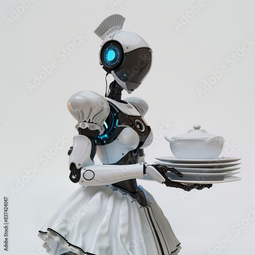 Maid Robot Carrying Dishes on White Background