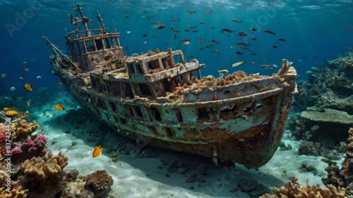 Wallpaper Mural  Sunken shipwreck surrounded by colorful coral reefs and vibrant marine life in clear blue ocean water Torontodigital.ca