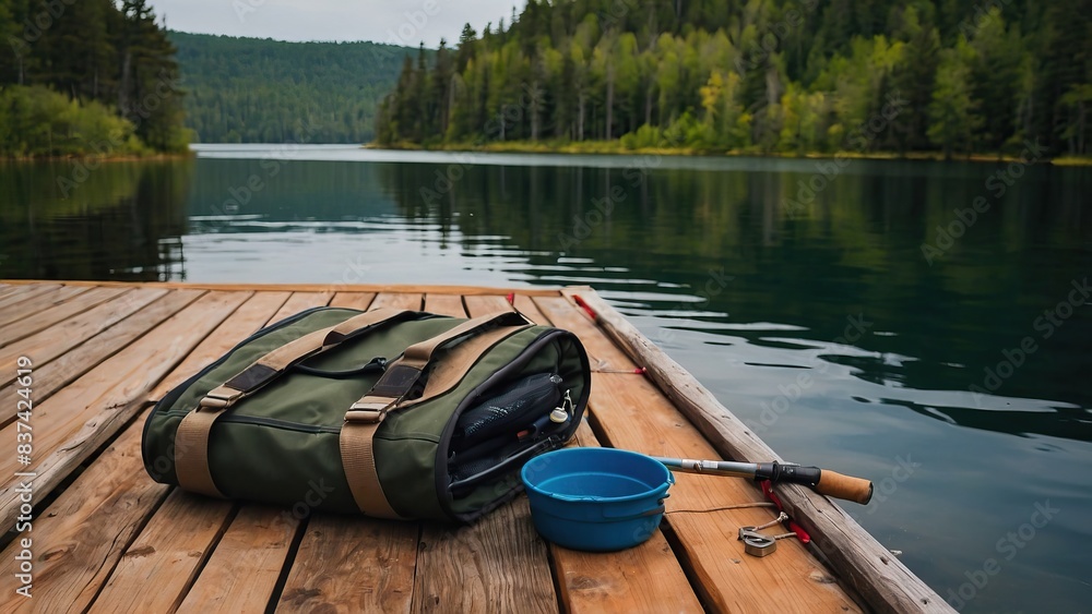 Backpack on a wooden deck of a lakeside cabin, perfect for nature adventures and retreats Backpack on a wooden deck of a lakeside cabin, perfect for nature adventures and retreats