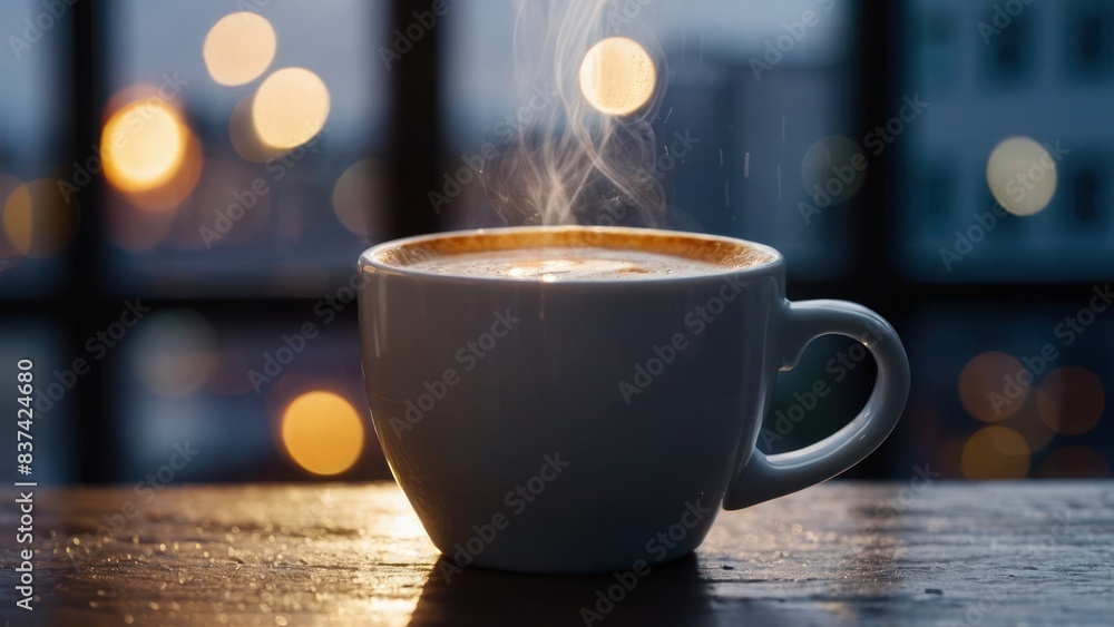 Fototapeta premium White cup of coffee on a window sill with a view of a serene morning sunrise