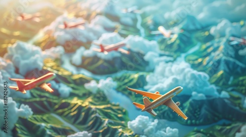 Multiple airplanes flying above clouds and mountains. Air travel and transportation concept. Aerial view.