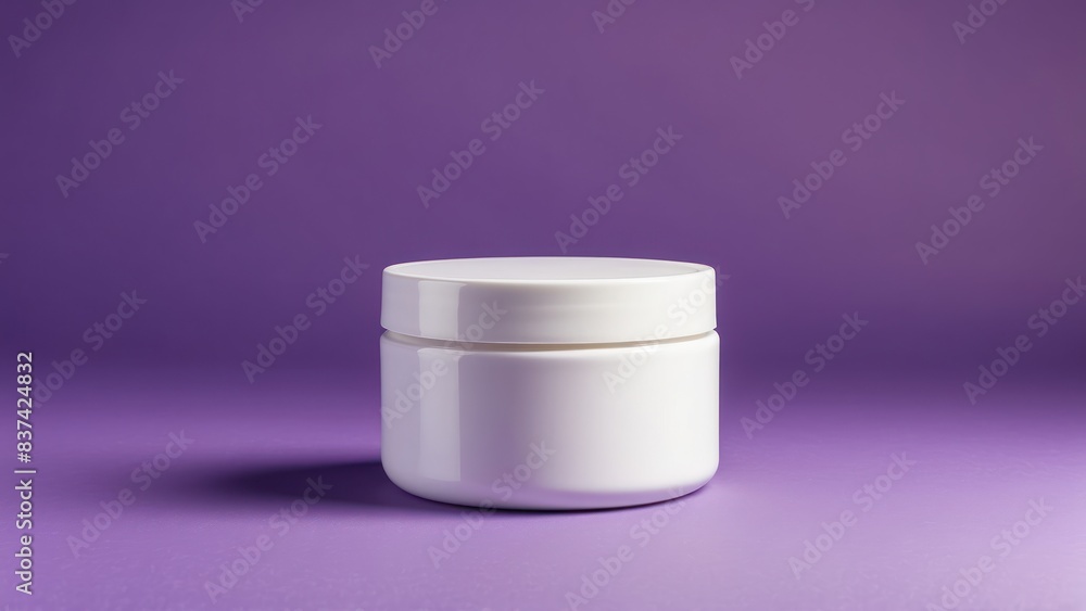 Plain white cosmetic jar on a purple background, perfect for skincare product promotion Plain white cosmetic jar on a purple background, perfect for skincare product promotion