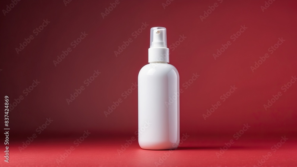 Plain white cosmetic bottle with a red background, minimalist beauty packaging concept Plain white cosmetic bottle with a red background, minimalist beauty packaging concept