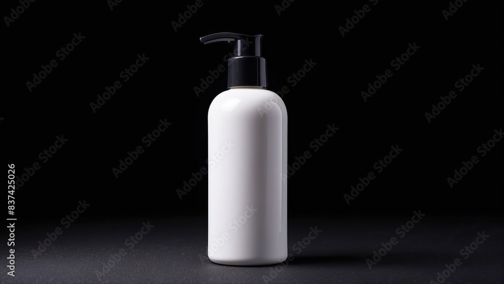 Plain white cosmetic bottle with pump on black background, minimalist design concept Plain white cosmetic bottle with pump on black background, minimalist design concept
