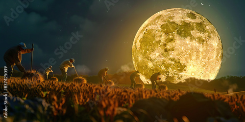 The Harvest Moon Rises High - Under the glow of the full harvest moon, farmers work in unison, their tools glinting silver against the night sky as they gather the last of the season's crops photo