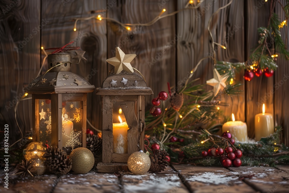 Rustic Wooden Background with Festive Christmas Decorations Rustic Wooden Background with Festive Christmas Decorations