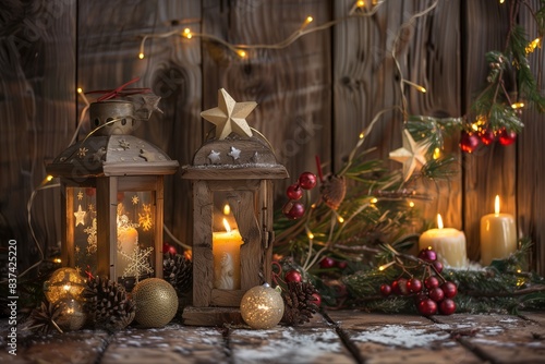 Rustic Wooden Background with Festive Christmas Decorations © mattegg