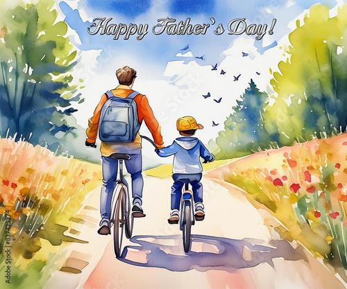 Father and son cycling amid trees and wildflowers, celebrating Happy Father's Day on a rural path.