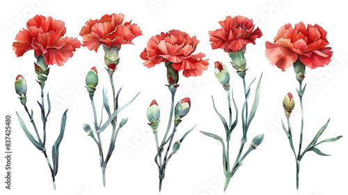 Set of Watercolor red carnation flower isolated on a transparent background. Botanical clipart, hand drawn illustration