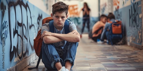 photo of school bully victim - upset boy student on campus photo