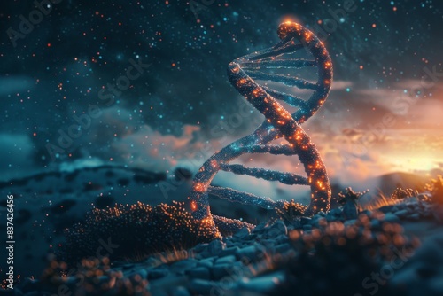 3D DNA rendered in field with water  sky  wind  event  and astronomical object