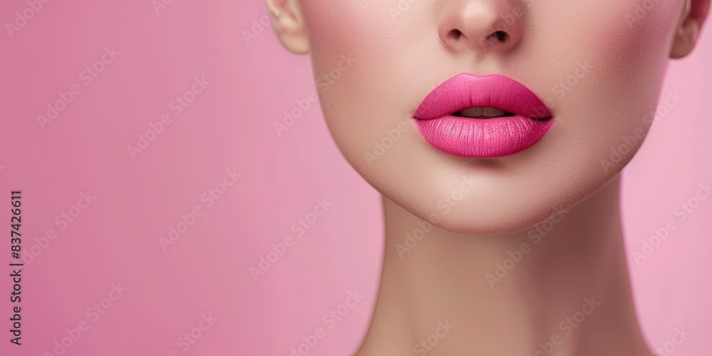 Makeup, beauty, and cosmetics concept - woman with pink lipstick Makeup, beauty, and cosmetics concept - woman with pink lipstick