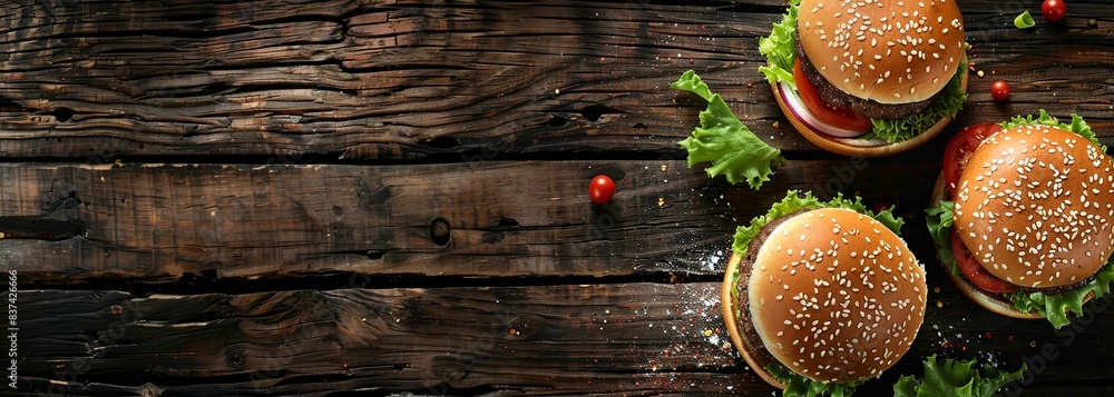 Tasty burgers on dark wooden background Tasty burgers on dark wooden background