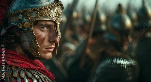 Ancient commander is watching his army. Alexander the Great stands tall amidst his army. Alexander the Great in armor, watching over his army.