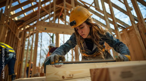 Trainee working on wood at a construction site. photo