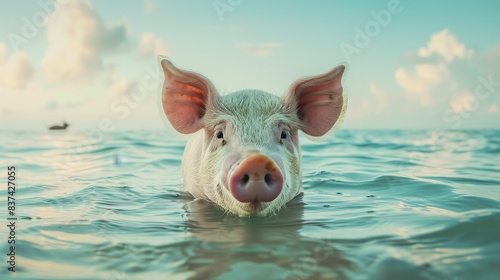 Pig swimming in sea water island coastline concept wallpaper background