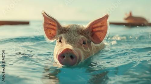 Pig swimming in sea water island coastline concept wallpaper background