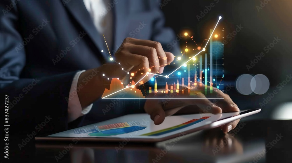 A businessman analyzing a rising graph on a digital tablet, showing positive economic growth A businessman analyzing a rising graph on a digital tablet, showing positive economic growth