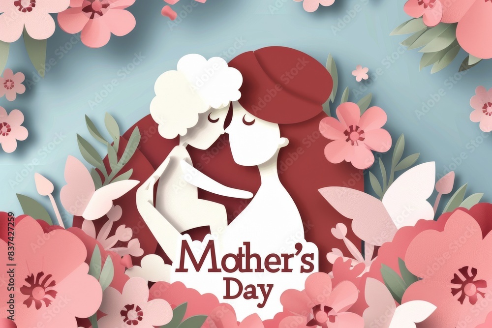 Elegant Mothers Day card with a paper cut design featuring a mother and child in soft green and white, celebrating love and appreciation Elegant Mothers Day card with a paper cut design featuring a mother and child in soft green and white, celebrating love and appreciation