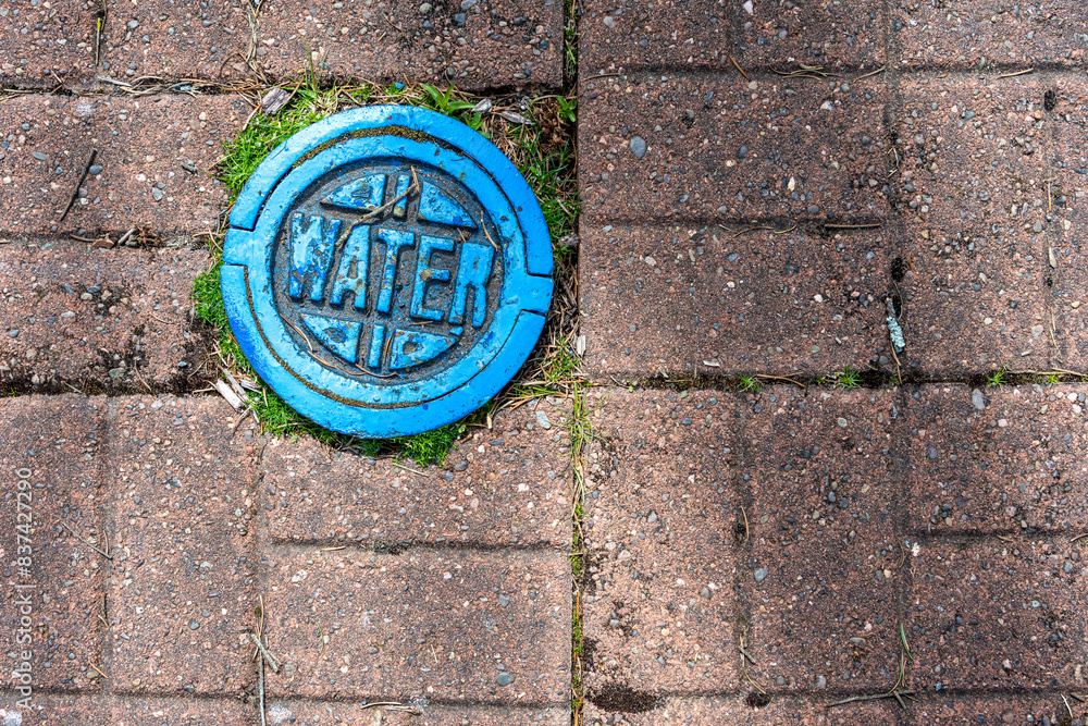Small round blue painted water utility access cover in brick sidewalk
Small round blue painted water utility access cover in brick sidewalk
