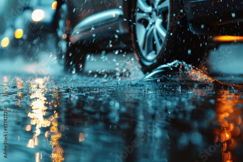 A car is seen traveling through a sizable puddle of water on the road