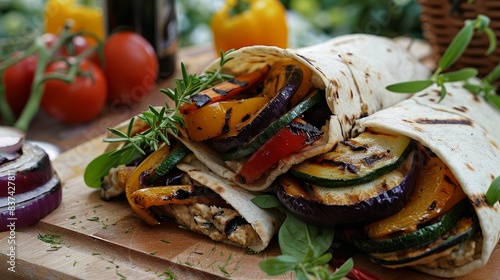 Whole grain wraps with hummus and grilled vegetables