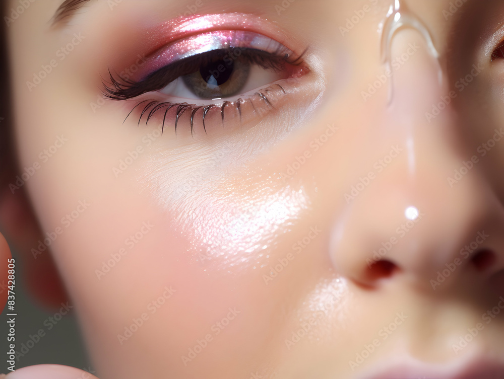 Fototapeta premium Woman Dropping Serum on Face. Women's Skin and beauty care, Girl Applying Serum Collagen Moisturizer from Pipette on Face close up. Positive Laughing Beauty Woman Portrait. Concept of Skin Care