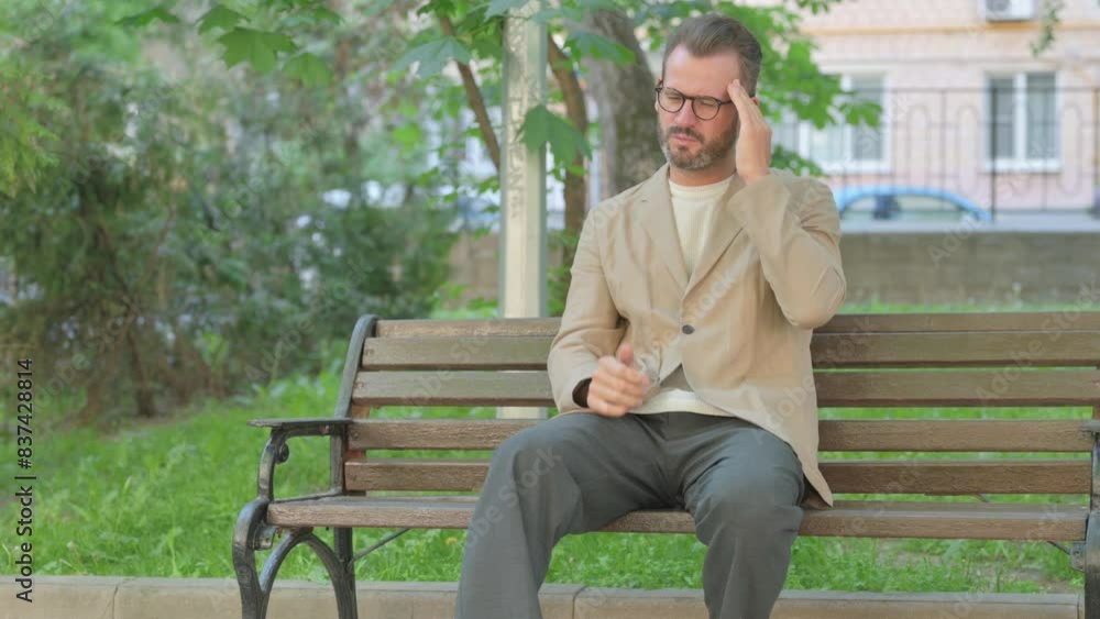 Young Man with Migraine Sitting Outdoor on Bench Young Man with Migraine Sitting Outdoor on Bench