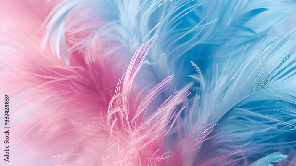 Soft focus close-up of fluffy, airy feathers in pastel tones of pink and blue on a white background. Feathers on an abstract, soft, natural background Soft focus close-up of fluffy, airy feathers in pastel tones of pink and blue on a white background. Feathers on an abstract, soft, natural background