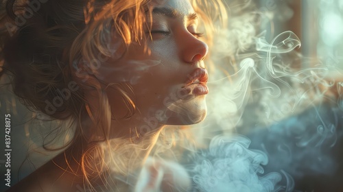 Mystical Aura: Beautiful Woman with Smoke Emanating from Her Head, Symbolizing Enigma and Intrigue