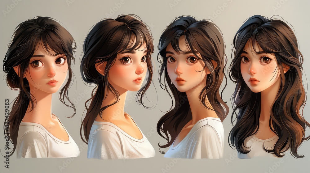 Expressive Poses: Character Sheet of a Cute Girl with Brown Hair and Bangs Showcasing Multiple Poses and Expressions Expressive Poses: Character Sheet of a Cute Girl with Brown Hair and Bangs Showcasing Multiple Poses and Expressions