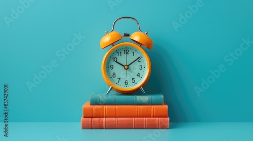 Colorful Alarm Clock on Stack of Books Isolated on Pastel Blue Background in Minimalistic Style photo