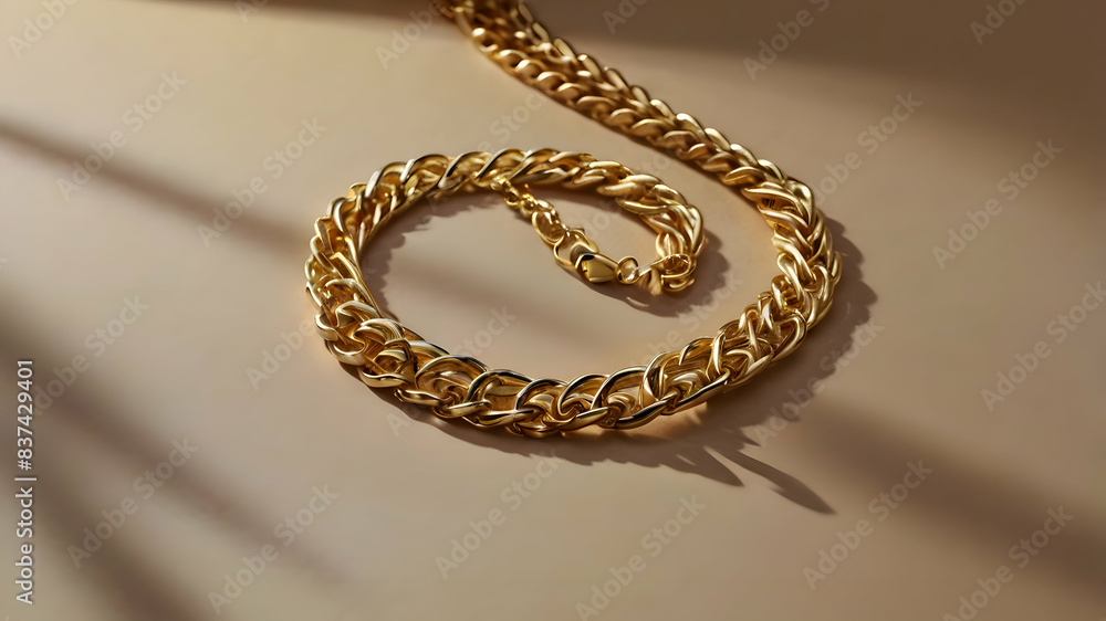 A sleek gold necklace draped gracefully against a gradient background, catching the light just right, Hyper Resolution, 8k A sleek gold necklace draped gracefully against a gradient background, catching the light just right, Hyper Resolution, 8k
