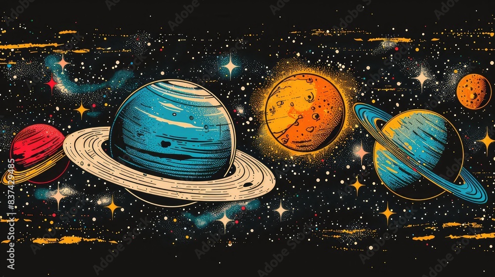 Naklejka premium Vibrant Cosmic Landscape: A Whimsical Depiction of Planets and Stars in the Universe with Colorful Shapes and Simple Lines